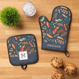 Boho Hippie Feather Pattern Oven Mitt & Pot Holder Set