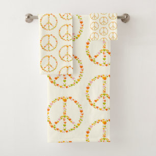 Boho Hippie Floral Peace Sign Pattern in Yellow  Bath Towel Set