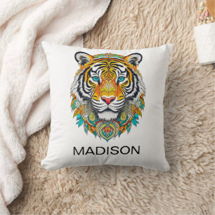 Boho Hippie Floral Year of the Tiger Art Throw Pillow
