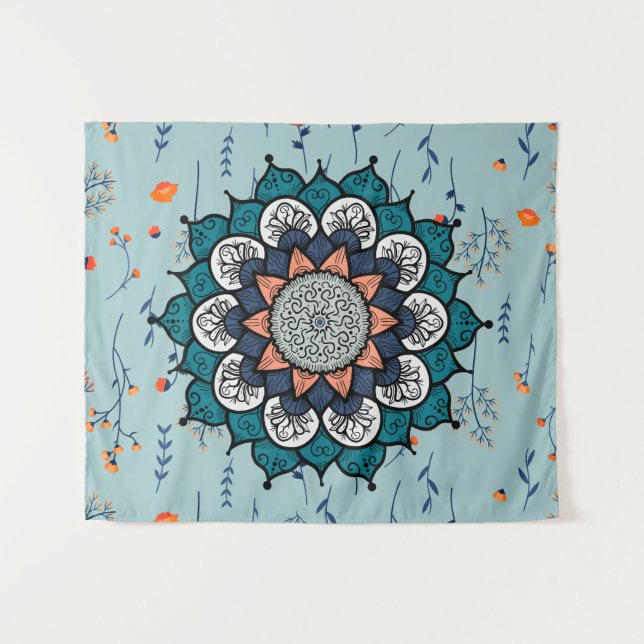 Boho Hippie Mandala with Orange Flowers Tapestry (Front (Horizontal))