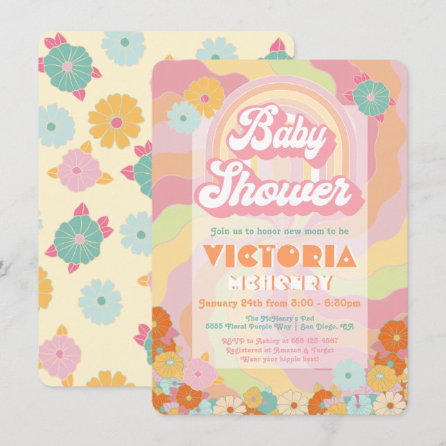 Boho Hippie Rainbow Floral Baby Shower Invitation (Front/Back)