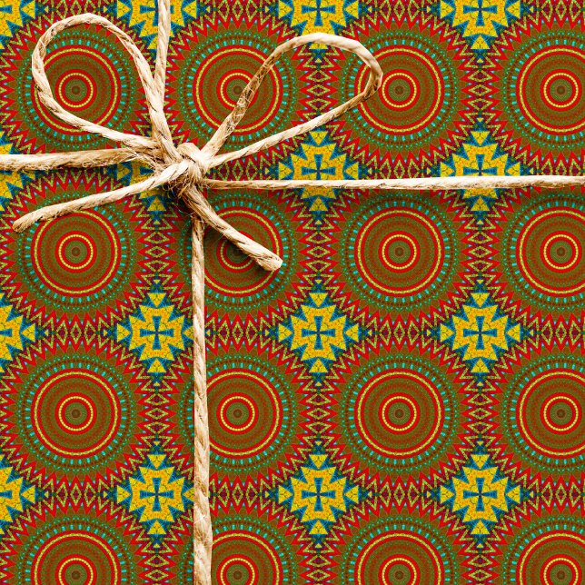  Boho Hippie Red Yellow Blue Vintage Tribal Ethnic Wrapping Paper (Creator Uploaded)