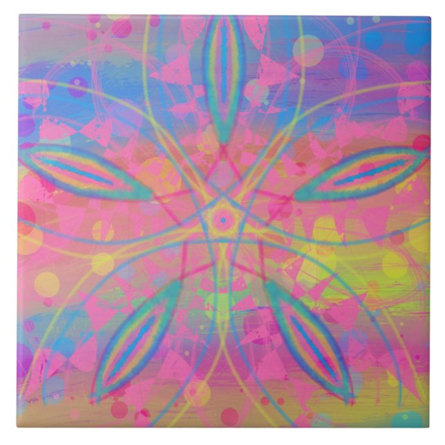 Boho Hippie Tie Dye Neon Pastel Mandala Abstract Tile (Front)