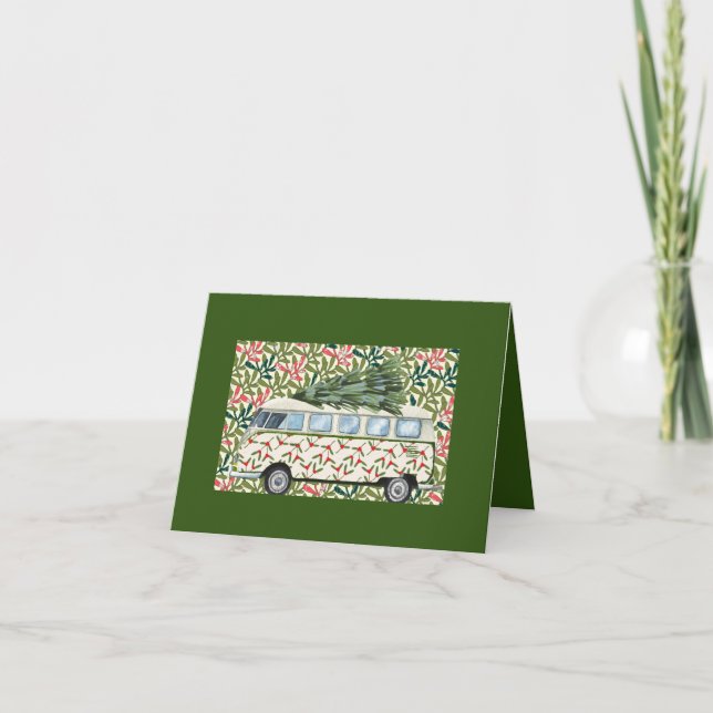 Boho Hippie Van Brings Tree Christmas Card (Front)