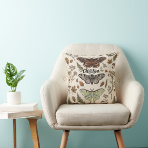 Boho Hippie Witchy Mystical Moths Throw Pillow