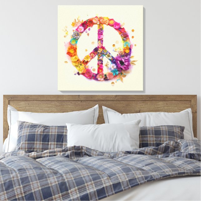 Boho Hippy 60s 70s Peace Sign Canvas Print (Insitu(Bedroom))