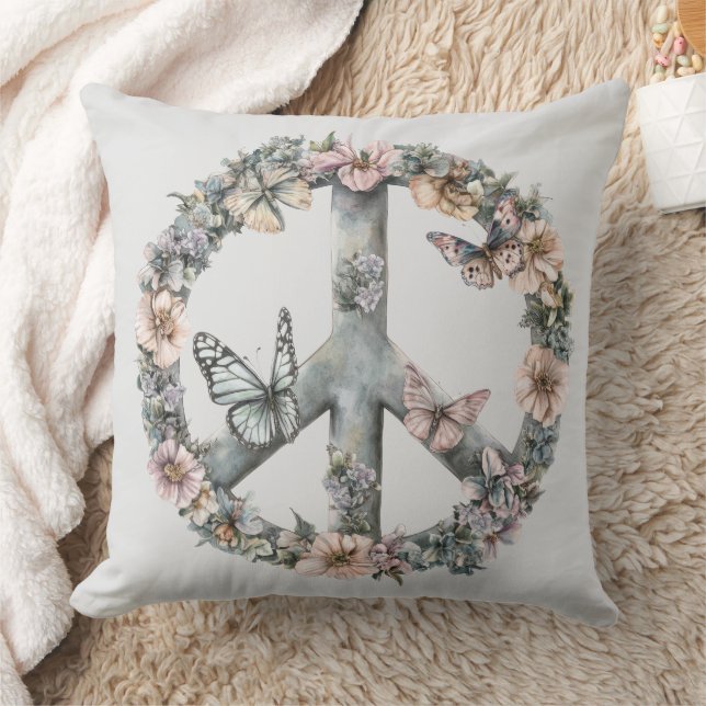 Boho Hippy 60s 70s Peace Sign Throw Pillow (Blanket)