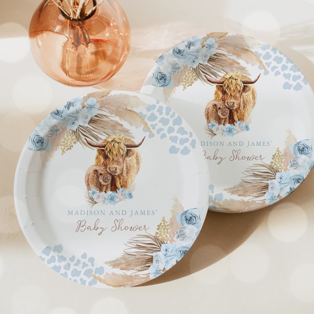 Boho Holy Cow Blue Pampas Grass Boy Baby Shower Paper Plate (Creator Uploaded)