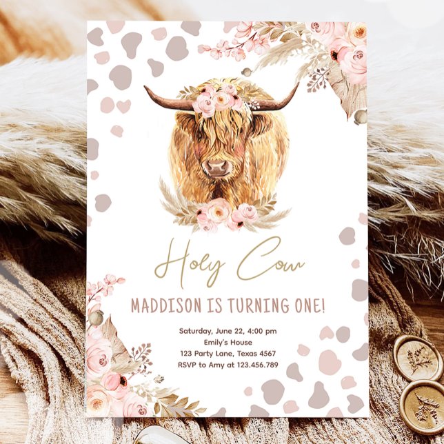 Boho Holy Cow Highland Pampas 1st First Birthday   Invitation (Creator Uploaded)