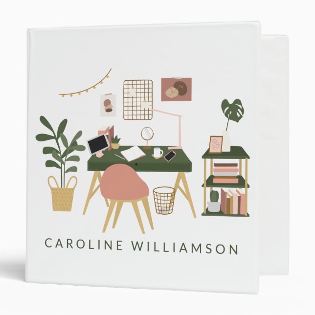 Boho Home Desk Scene in Green and Pink Business  Binder (Front/Inside)