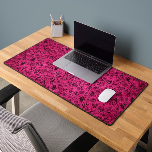 Boho Honey Bee Floral Pattern Trendy Cute Hot Pink Desk Mat (Office 2)