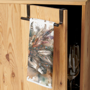 Boho Horse with feathers Kitchen Towel