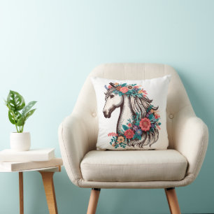 Boho Horse with Flowers, Floral Horse Lover Throw Pillow