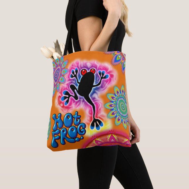 Boho Hot Frog Surf psychedelic Tote bag orange. (Close Up)