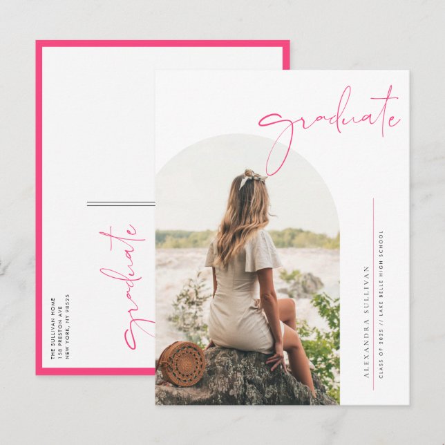 Boho Hot Pink Minimalist Arch Photo Graduation Announcement Postcard (Front/Back)