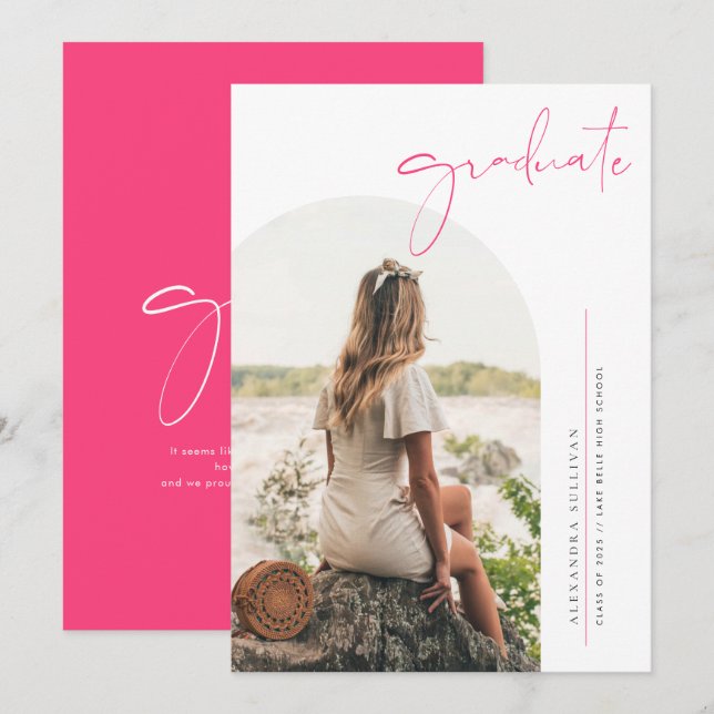 Boho Hot Pink Minimalist Arch Photo Graduation Invitation (Front/Back)