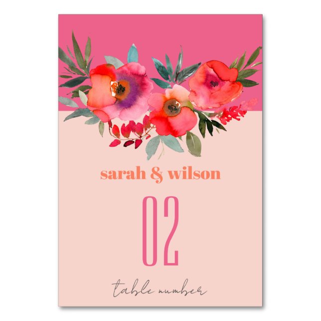 Boho Hot Pink Orange Watercolor Floral Wedding Table Number (Front)
