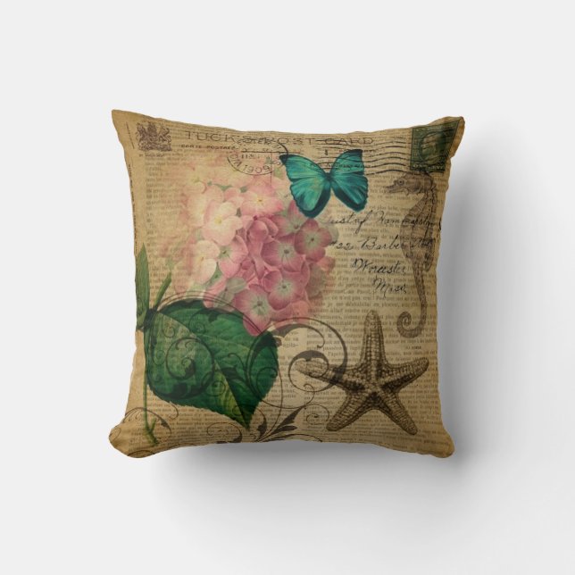 boho Hydrangea butterfly starfish French Botanical Throw Pillow (Front)
