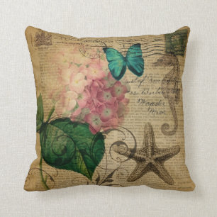 boho Hydrangea butterfly starfish French Botanical Throw Pillow