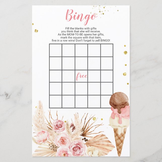 Boho Ice cream Pink flowers baby shower Bingo Game (Front)