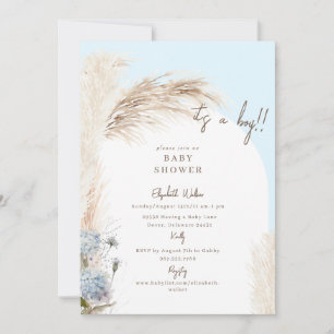 Boho Icy Blue Pampas Baby Shower Invitation