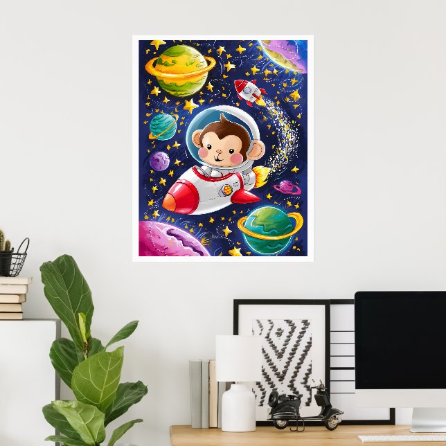 Boho Illustration Monkey navigating through Space Poster (Home Office)