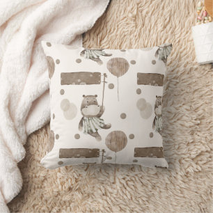 Boho in Neutrals: Baby Hippos & Balloons Nursery Throw Pillow