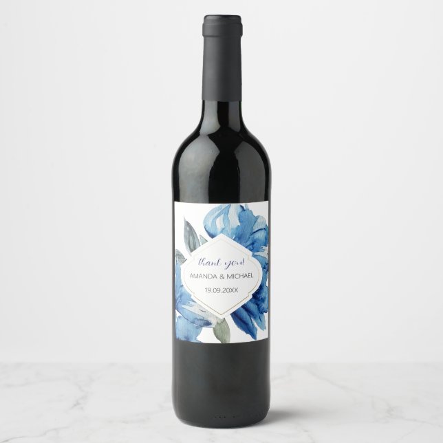 Boho Indigo Blue Abstract Floral Wine Label (Front)