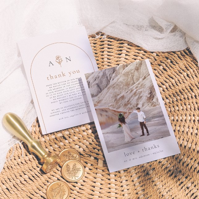 Boho Initials Terracotta Arch & Photo Wedding Thank You Card (Creator Uploaded)