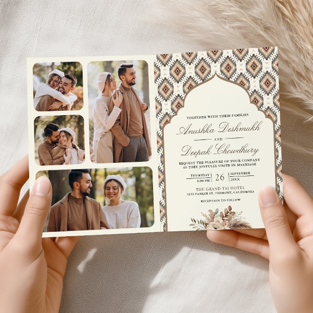 Boho Ivory Beige Ikat Photo Collage Indian Wedding Invitation (Creator Uploaded)