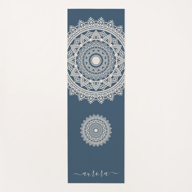 Boho Ivory Mandala on Blue Custom Name Yoga Mat (Front)