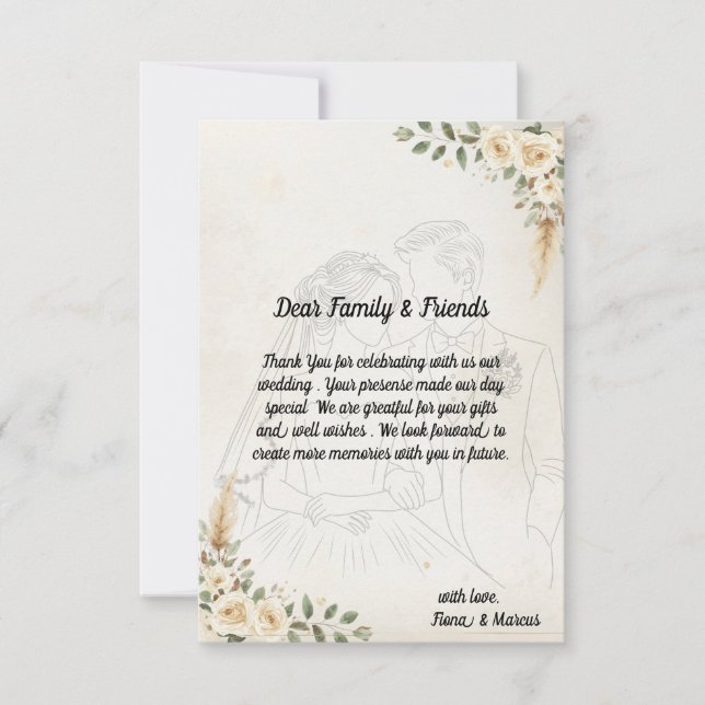 Boho Ivory Roses & Pampas Grass Wedding Thank You Card (Front)