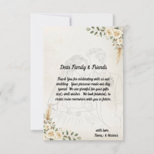 Boho Ivory Roses & Pampas Grass Wedding Thank You Card