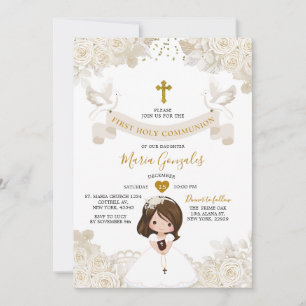 Boho Ivory White Floral Girl First Holy Communion Invitation