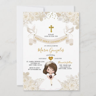 Boho Ivory White Floral Girl First Holy Communion Invitation