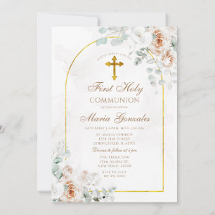 Boho Ivory White Floral Gold First Holy Communion Invitation