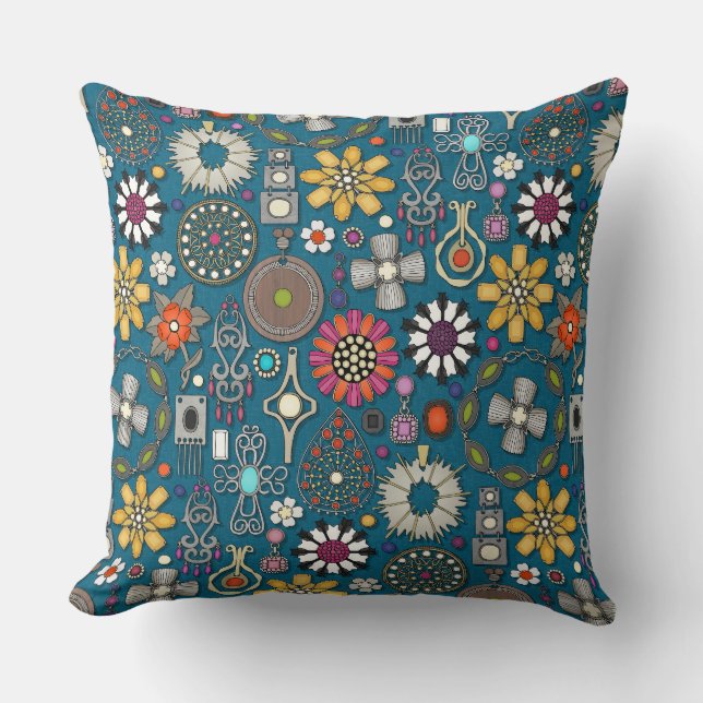 boho jewel treasures peacock blue throw pillow (Front)