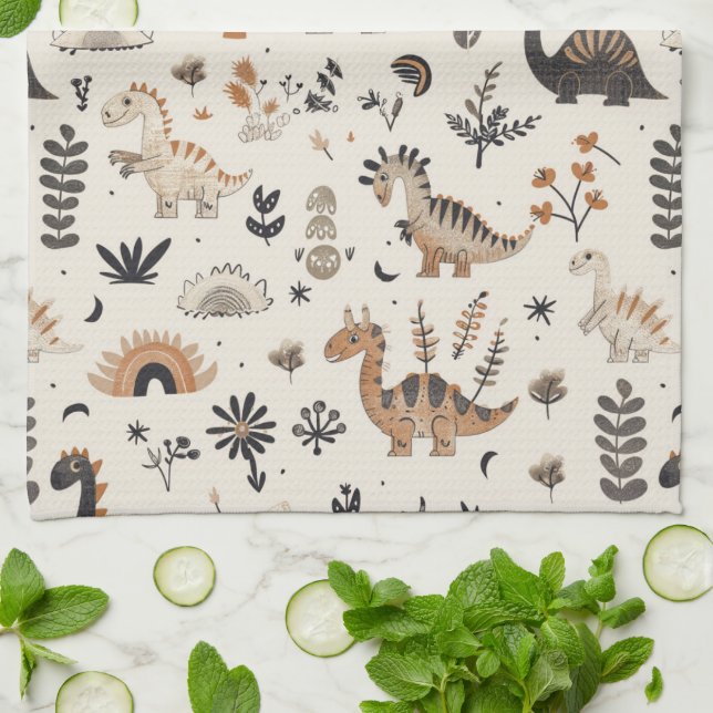 Boho Jungle Dinosaur Pattern Kitchen Towel (Folded)
