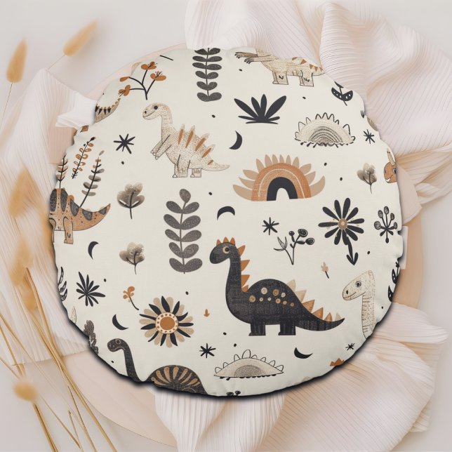 Boho Jungle Dinosaur Pattern Round Pillow (Creator Uploaded)