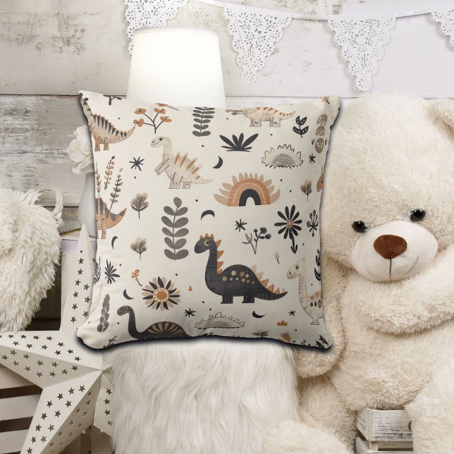 Boho Jungle Dinosaur Pattern Throw Pillow (Creator Uploaded)