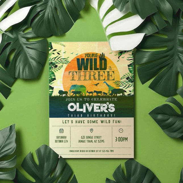 Boho Jungle Safari Animals Young Wild & 3 Birthday Invitation (Creator Uploaded)