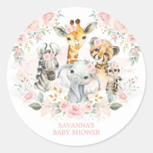 Boho Jungle Wild Animals Pink Floral Baby Girl Classic Round Sticker