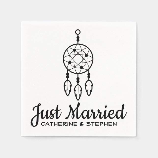 Boho Just Married Dream Catcher  Wedding Black Napkin (Front)
