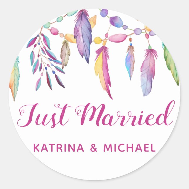 Boho Just Married Feathers Wedding Native American Classic Round Sticker (Front)
