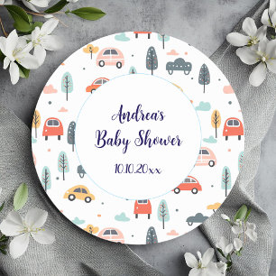 Boho Kids Cars, Trees & Clouds Pattern Baby Shower Classic Round Sticker