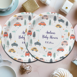 Boho Kids Cars, Trees & Clouds Pattern Baby Shower Paper Plate