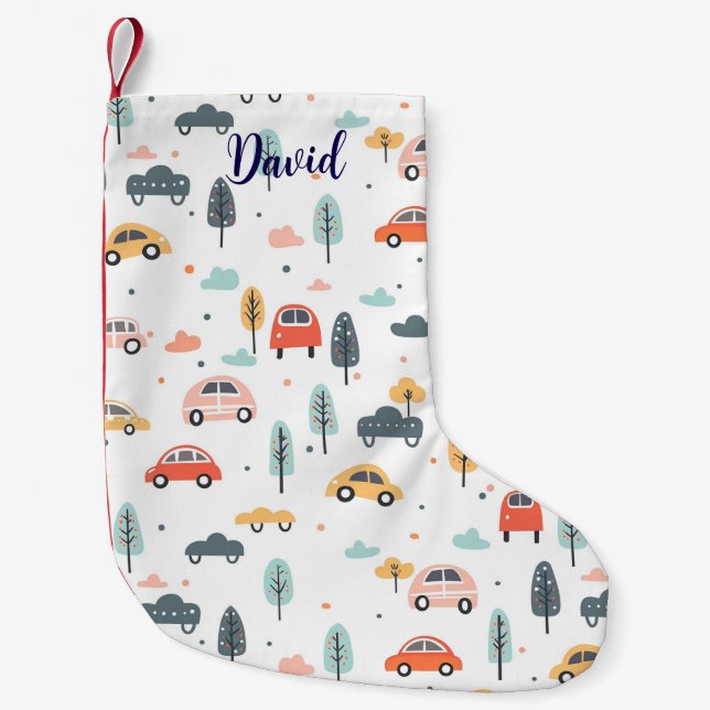 Boho Kids Cars, Trees & Clouds Pattern Small Christmas Stocking (Front)