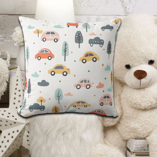Boho Kids Cars, Trees & Clouds Pattern Throw Pillow