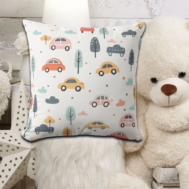 Boho Kids Cars, Trees & Clouds Pattern Throw Pillow (Creator Uploaded)