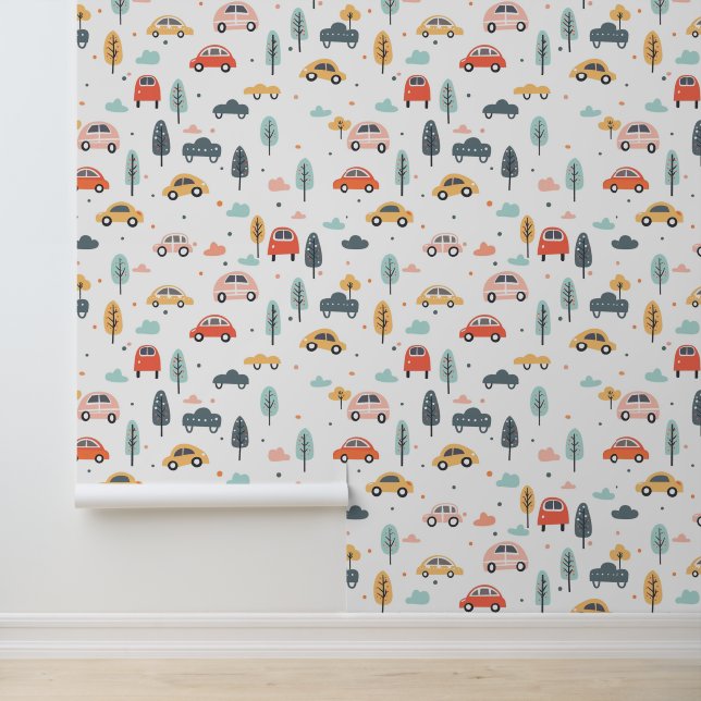 Boho Kids Cars, Trees & Clouds Pattern Wallpaper (Application)